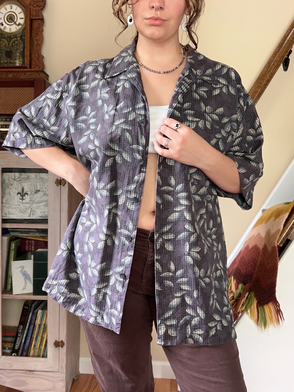 Vintage 100% Silk Purple Artsy Leaf Button Up Shirt Oversized Boxy Fit Large